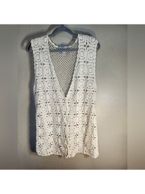 Style New York Granny Square Vest Crochet Lace White Button Down Sz M